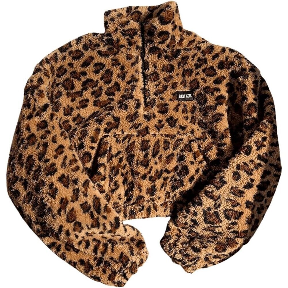 Women's Leopard Fleece Sweatshirt Half Zip Mock Neck Long Sleeve Pullover